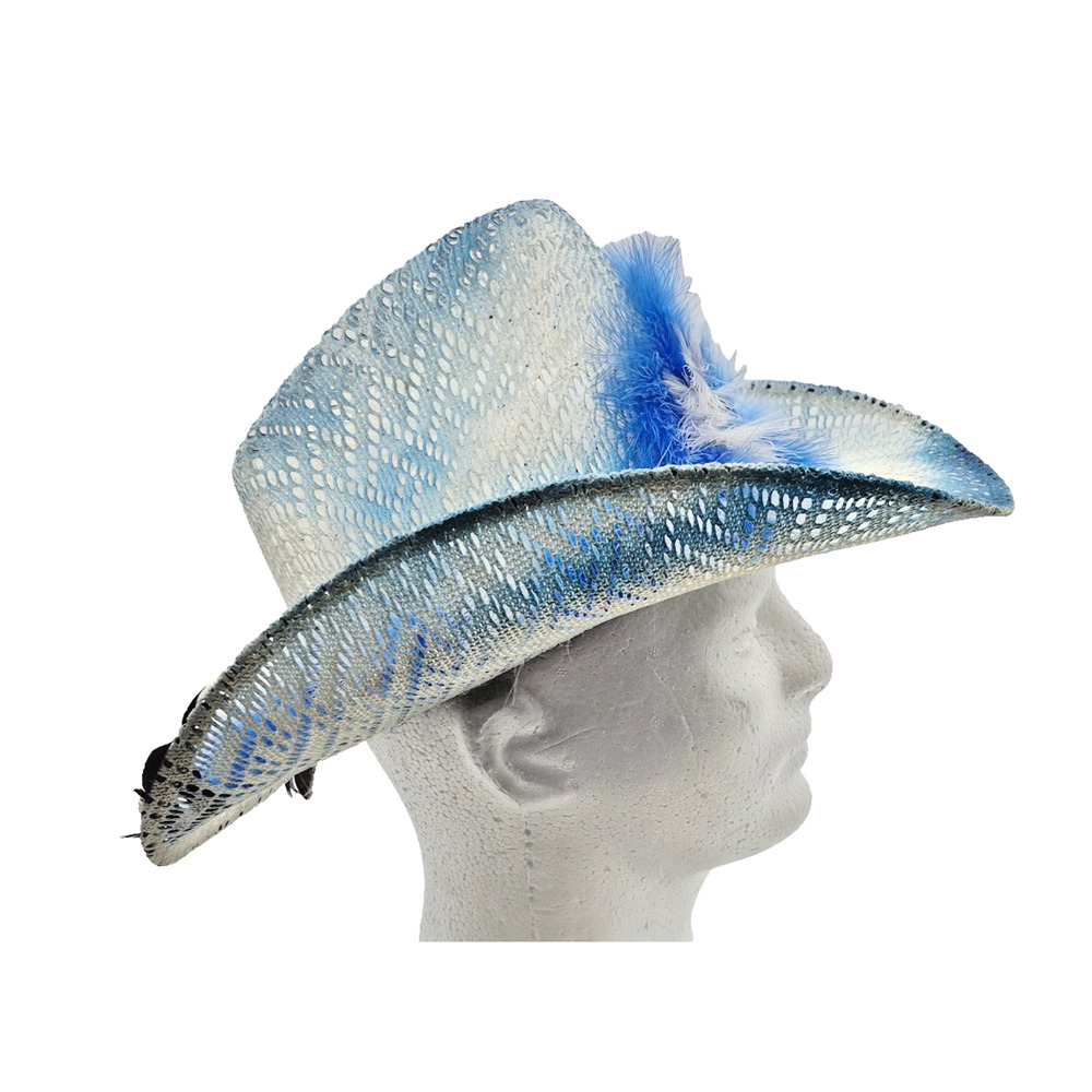 Vintage Blue Straw Western Cowboy Hat Blue Feather Band Vaquero Mexican Size 7